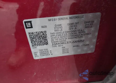 2020 GMC Acadia Sle z USA, uszkodzony, nr VIN 1GKKNKLS7LZ209257
